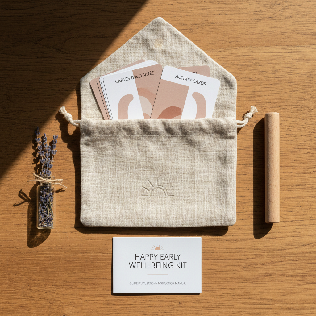 An artfully staged flatlay representing a Happy Early well-being kit: a textured linen pouch subtly embossed with a small, abstract sunrise icon lies open on a warm wooden surface, revealing neatly arranged bilingual activity cards in French and English, a small glass vial of lavender, a smooth wooden breathing stick, and a folded instruction booklet with minimalist typography. Natural midday light falls from the top of the frame, creating crisp yet gentle shadows and highlighting the fibers of the linen and the grain of the wood. Shot in photographic realism from directly above, the composition uses generous negative space and a muted, sophisticated color palette of creams, soft blush, and warm taupe, conveying calm, order, and premium quality.