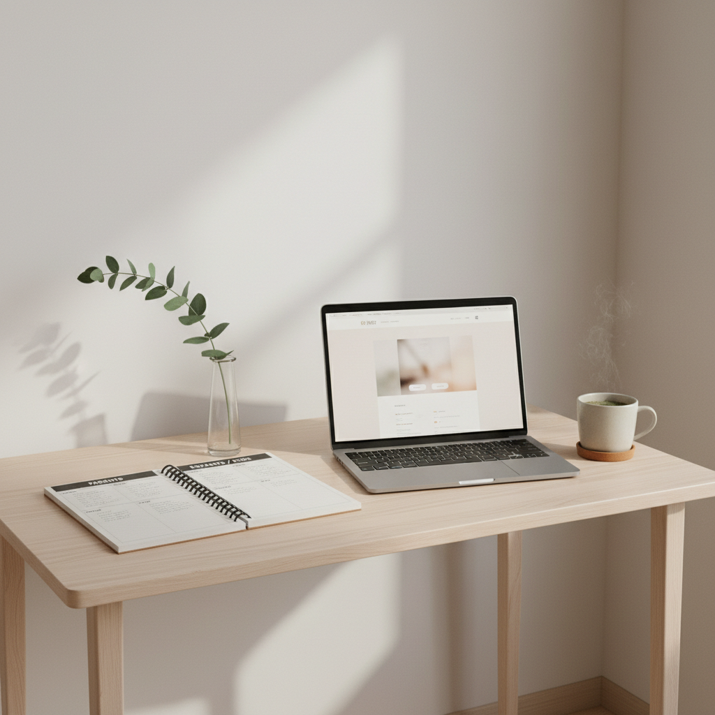A modern, minimalist workspace for designing family well-being experiences: a pale birch desk against a soft, warm white wall, holding a sleek laptop displaying a blurred wellness website interface, a bilingual planner open to a page divided into “Parents” and “Enfants / Kids,” and a slim glass vase with a single eucalyptus branch. A ceramic mug of herbal tea rests on a cork coaster, steam barely visible in the cool, diffused light. The scene is lit by soft natural daylight from an unseen window on the right, creating delicate, directional shadows. Photographic realism, composed at a slightly elevated three-quarter angle, with a tidy, airy atmosphere that feels focused, creative, and quietly luxurious, reflecting a sophisticated approach to mindful family life without showing any people.