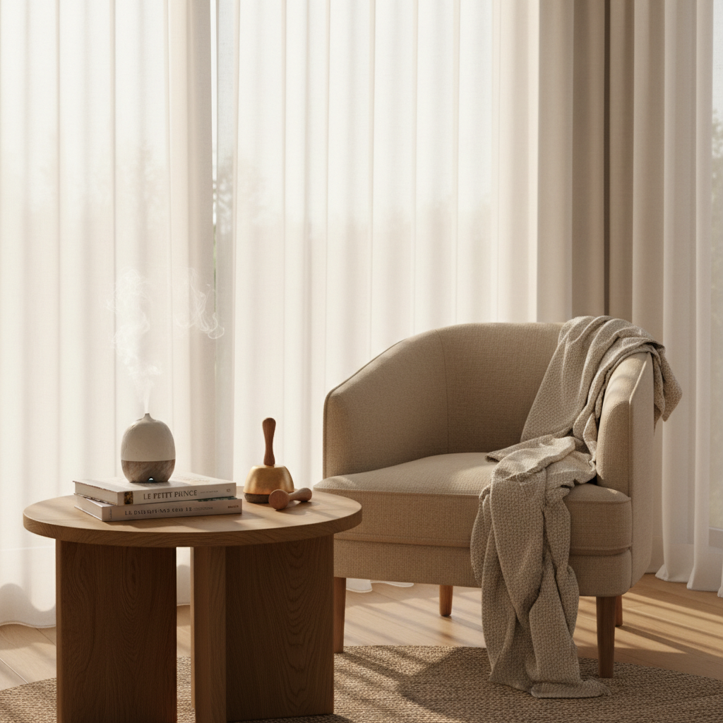 A cozy, sophisticated corner of a family wellness space in photographic realism: a plush, sand-colored armchair with a cashmere throw draped over the arm, beside a low wooden table holding a small ceramic essential oil diffuser releasing a delicate mist, a stack of bilingual children’s books in French and English, and a wooden mindfulness bell. Floor-to-ceiling sheer curtains soften the late afternoon light, casting diffused, golden illumination and gentle shadows. The composition is framed at eye level, with the table in the foreground and the chair slightly behind, using the rule of thirds to create balance. The atmosphere is warm, nurturing, and refined, suggesting a sanctuary for calm shared moments, without any human presence.