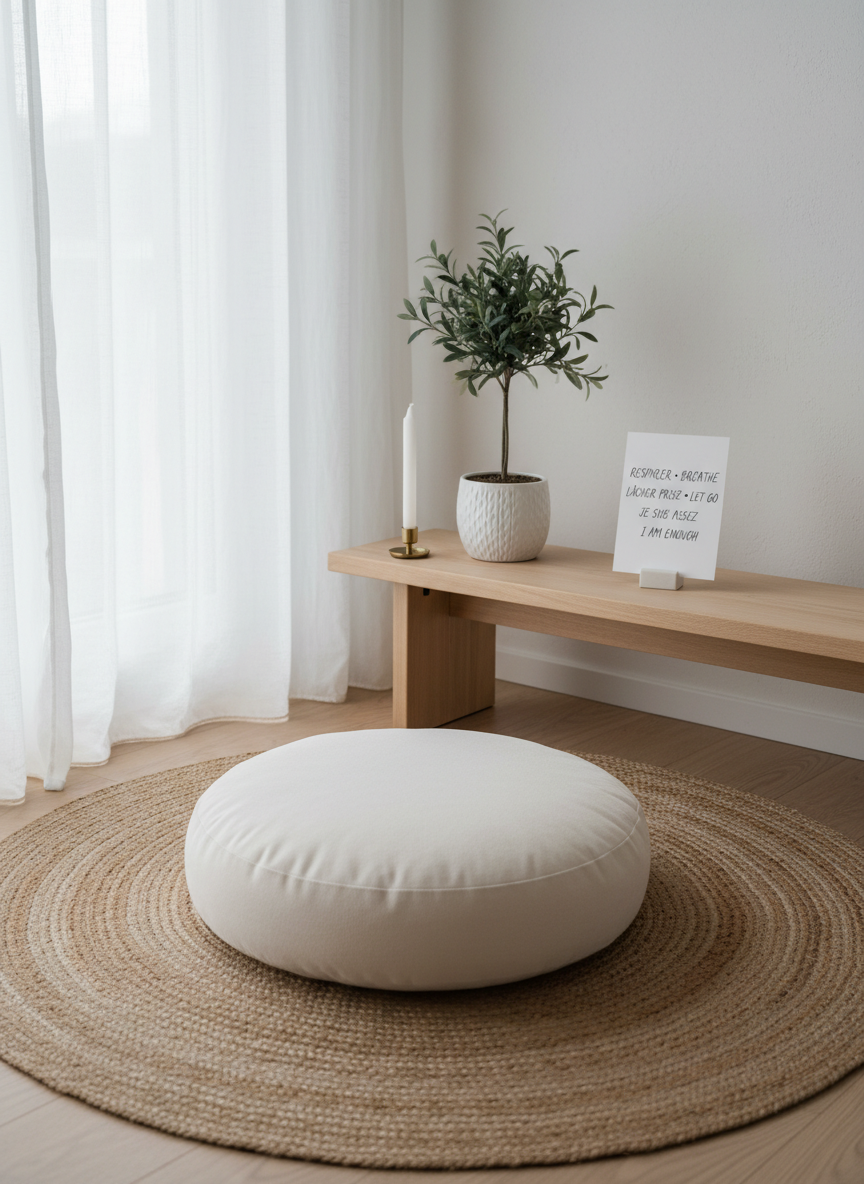 An elegant, uncluttered meditation nook designed for parents’ self-care: a thick, cream-colored meditation cushion centered on a natural jute rug, with a low, pale beechwood bench behind it holding a single white candle, a small potted olive tree, and a bilingual affirmation card propped delicately against a ceramic stand, text blending French and English. Soft overcast daylight enters from the left, wrapped by sheer white curtains, creating a calm, even glow with minimal shadows. Photographic realism, shot from a slightly elevated angle with sharp focus throughout, emphasizes clean lines and natural textures. The mood is serene, sophisticated, and introspective, ideal for illustrating quiet reconnection with oneself in a modern family home.