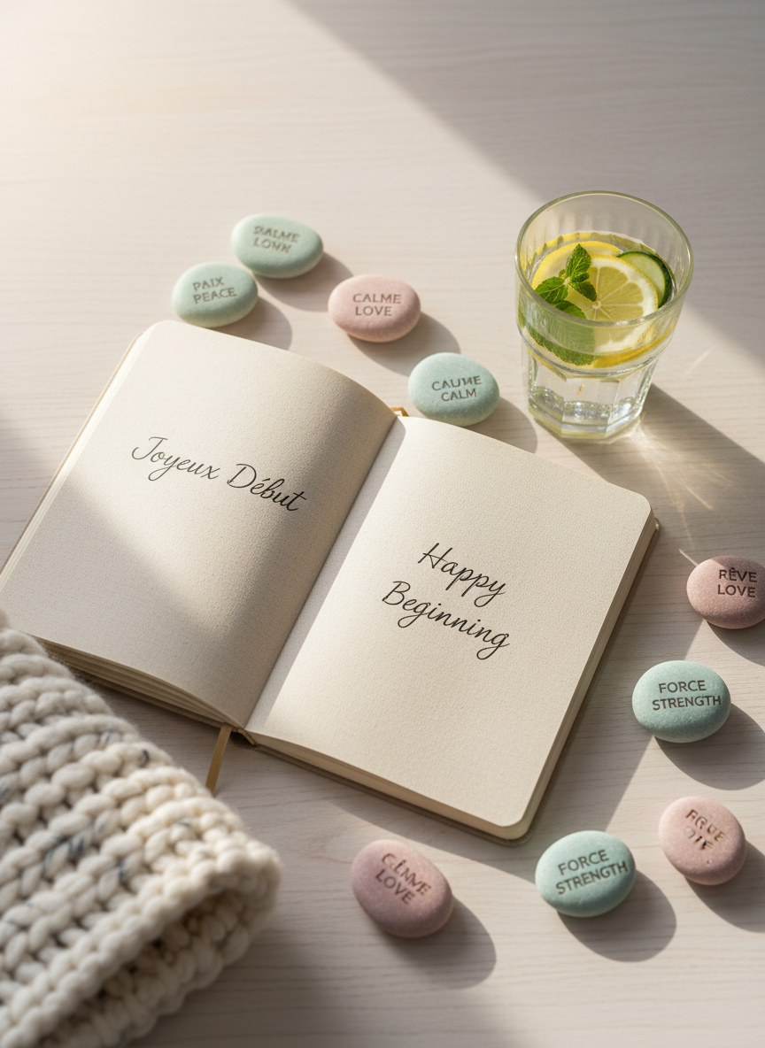 A carefully arranged flatlay of bilingual well-being tools displayed on a pale oak table: an open linen-textured journal showing a page titled “Happy Early” in elegant French and English, smooth pastel-colored stones engraved with calm words, a glass of infused water with floating citrus slices, and a soft wool blanket folded at the edge of the frame. Soft morning daylight filters through an unseen window, creating gentle highlights on the glass and subtle shadows around each object. Photographic realism with a clean, sophisticated aesthetic, shot from a bird’s-eye view with a shallow depth of field that slightly blurs the edges, evoking a serene, inviting mood of self-connection and quiet family rituals without showing any people.