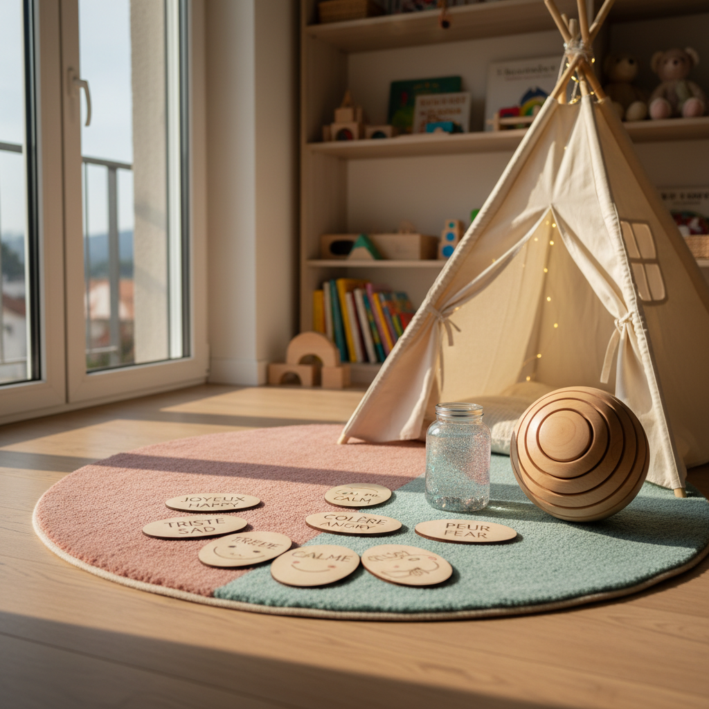 A playful yet refined children’s calm corner captured in photographic realism: a low, round wool rug in muted pastel tones sits in the center of a light wooden floor, hosting a set of wooden emotion cards printed in French and English, a small fabric teepee with fairy lights gently glowing inside, and a neatly arranged set of sensory objects like a glitter calming jar and a smooth wooden breathing ball. Golden hour sunlight streams in from a side window, casting warm, elongated shadows and creating soft highlights on the wood grains. Shot from a child-height perspective with a shallow depth of field that softly blurs the background shelves of neatly organized toys, the scene feels cozy, safe, and carefully curated for emotional well-being.